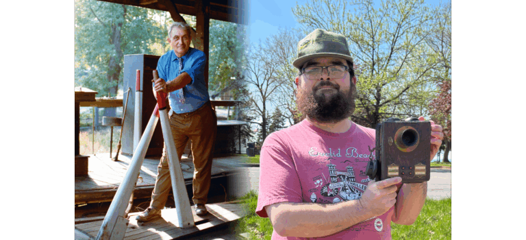 2 photos merged together: Art Steele on the original Thriller platform, and Kevin on approximately the same location in the present day with the original ride operator's phone