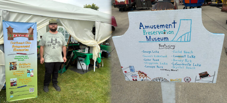 Highlights of My Experience Displaying at the 2025 Amusement Preservation Museum Open House 2 photos merged together: Kevin standing in front of his display at the 2025 Amusement Preservation Museum Open House, and the museum's sign listing examples of amusement parks featured in their collection