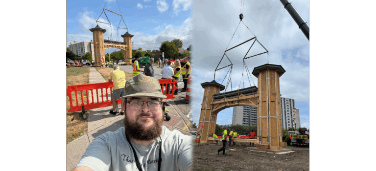 Euclid Beach Park Arch Relocation 2 photos merged together: Kevin standing in front of the Euclid Beach Park Arch just before it was relocated, and the arch as seen shortly after the move was completed