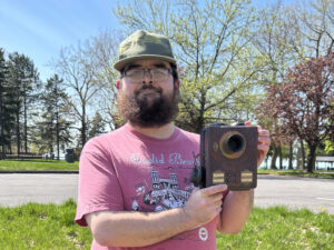 My visit to the approximate spot where the Thriller's station once stood, while holding the original operator's phone