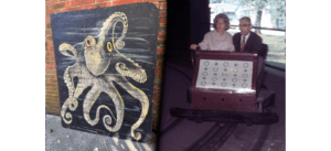 2 photos merged together: The giant octopus from the Laff-In-The-Dark ride at Euclid Beach Park (as the item appears today in Kevin's collection), and a pair of Laff-In-The-Dark riders approaching the end of the ride (Vintage photo: Harry Christiansen Collection - Special Collections, Michael Schwartz Library at Cleveland State University)