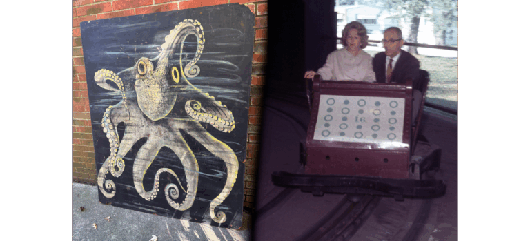 2 photos merged together: The giant octopus from the Laff-In-The-Dark ride at Euclid Beach Park (as the item appears today in Kevin's collection), and a pair of Laff-In-The-Dark riders approaching the end of the ride (Vintage photo: Harry Christiansen Collection - Special Collections, Michael Schwartz Library at Cleveland State University)