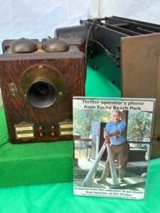The piece in my display of which I was most proud is the original operator's phone from the Thriller roller coaster at Euclid Beach Park! The granddaughter of Art Steele, who last operated the coaster, stopped by the event to see the phone on display.