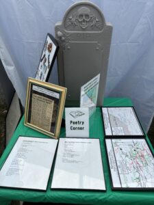A table in the center of my display tent featured maps showing all of the historical locations represented in my collection & research, my original poetry about Euclid Beach Park, and other items such as a decorative Halloween blow mold from Euclid Square Mall.