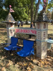 Local artist Joan of Art displayed her model of the Euclid Beach Park arch, which she first set up at the watch party for the arch's relocation earlier this summer.