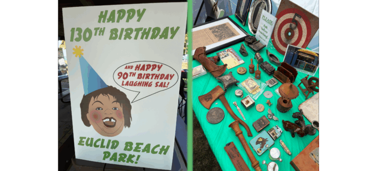 2 photos merged together: The giant greeting card that Kevin made for the 130th anniversary of Euclid Beach Park's opening and the 90th birthday of Laughing Sal, and a selection of Kevin's Euclid Beach Park memorabilia collection on display