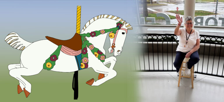 2 images merged together: My illustration of Gertrude (One of my mom's favorite horses on the Euclid Beach Park Grand Carousel), and a photo of my mom volunteering as a spotter for the carousel at the Cleveland History Center.
