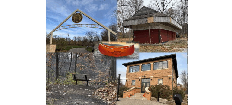 5 photos merged together: November 2025 photos of the former locations of 4 amusement parks (High Bridge Glens and Caves, Brady Lake Park, Riverview Park, and Summit Beach Park), plus an original Summit Beach Park souvenir photographed at the original location at sunset in 2025.